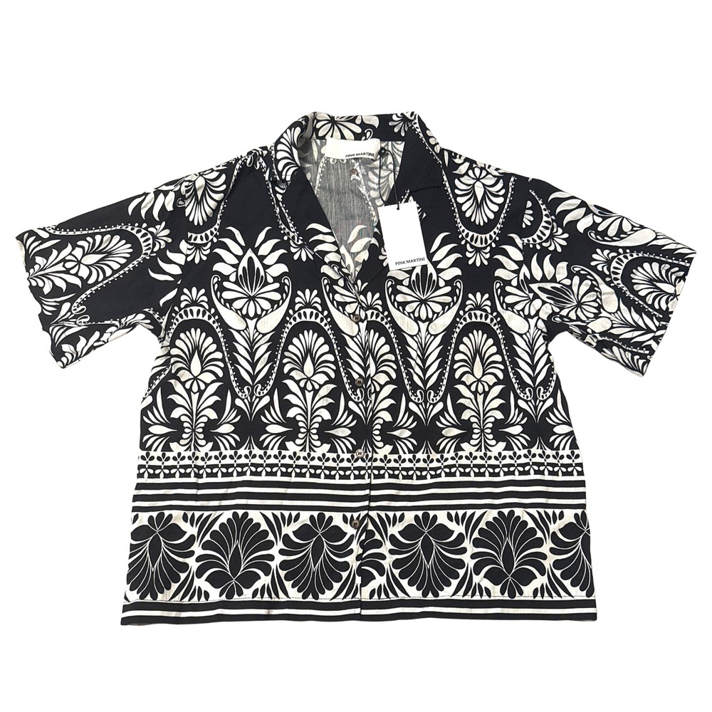 Pink Martini Womens M Black White Damask Floral Short Sleeve Button Up Shirt